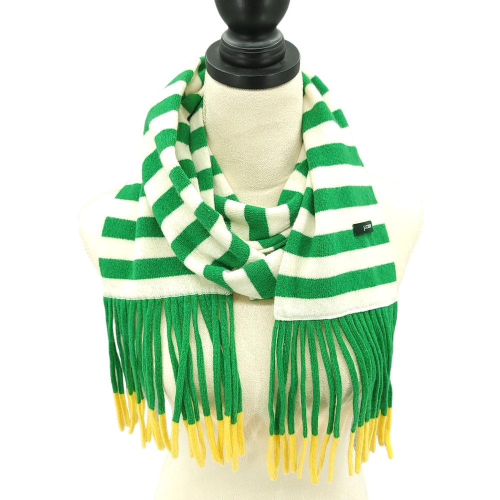 J. Crew Wool Blend Striped Fringe Scarf Green and Yellow